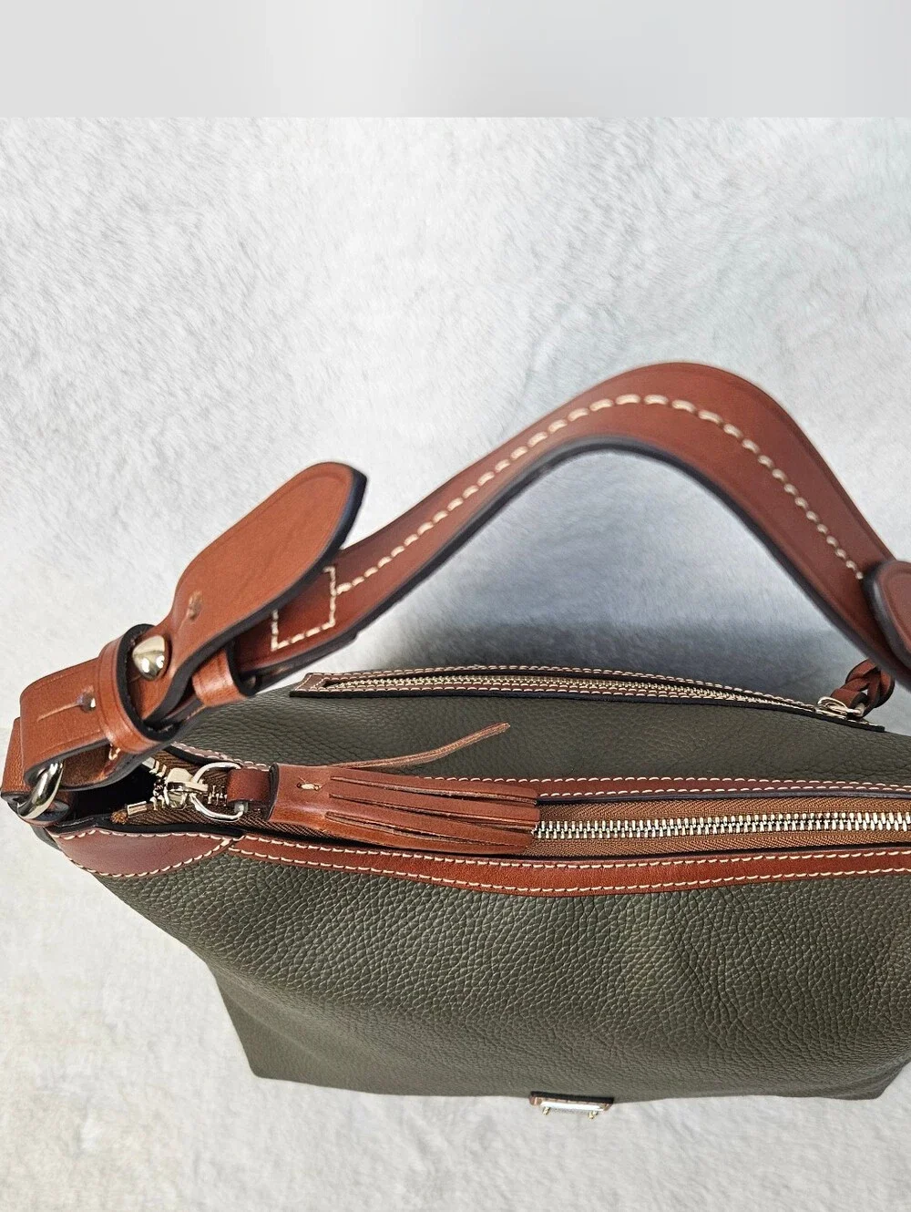 Dooney & Bourke Olive Green Pebble Leather Hobo with Brown Trim